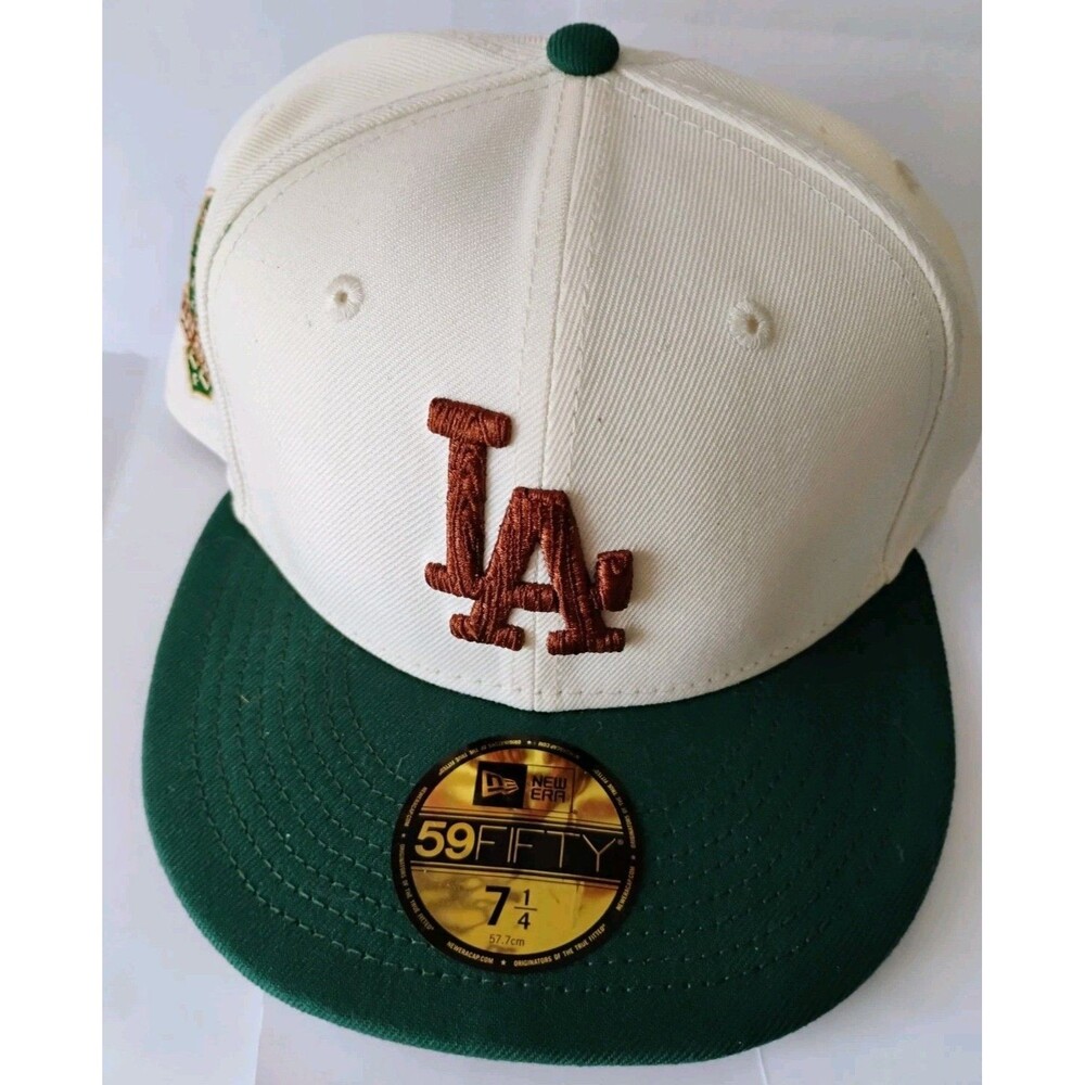 New Era LA Dodgers 59Fifty Fitted Hat 7 1/4 Cream Green 60th Anniv Patch Gray UV